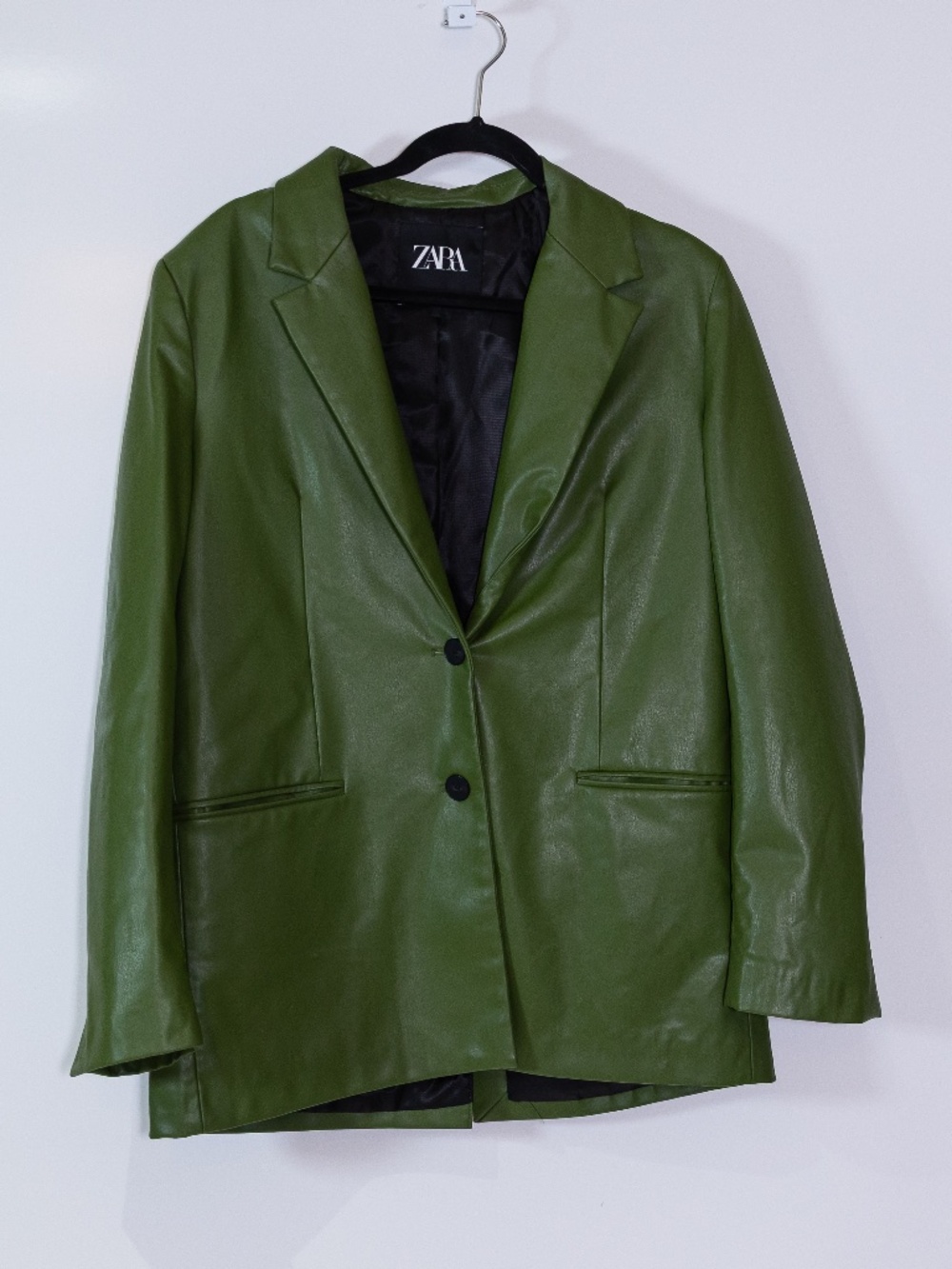 Zara Faux Vegan Leather Collared Two Button Blazer Jacket Green Medium